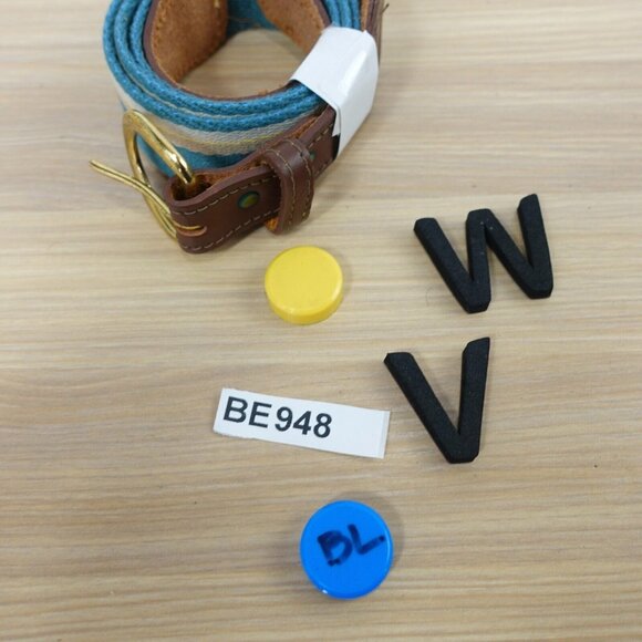 VINTAGE Belt Womens Medium Blue Cotton Canvas Striped Genuine Leather Y2K 90s - Picture 9 of 9